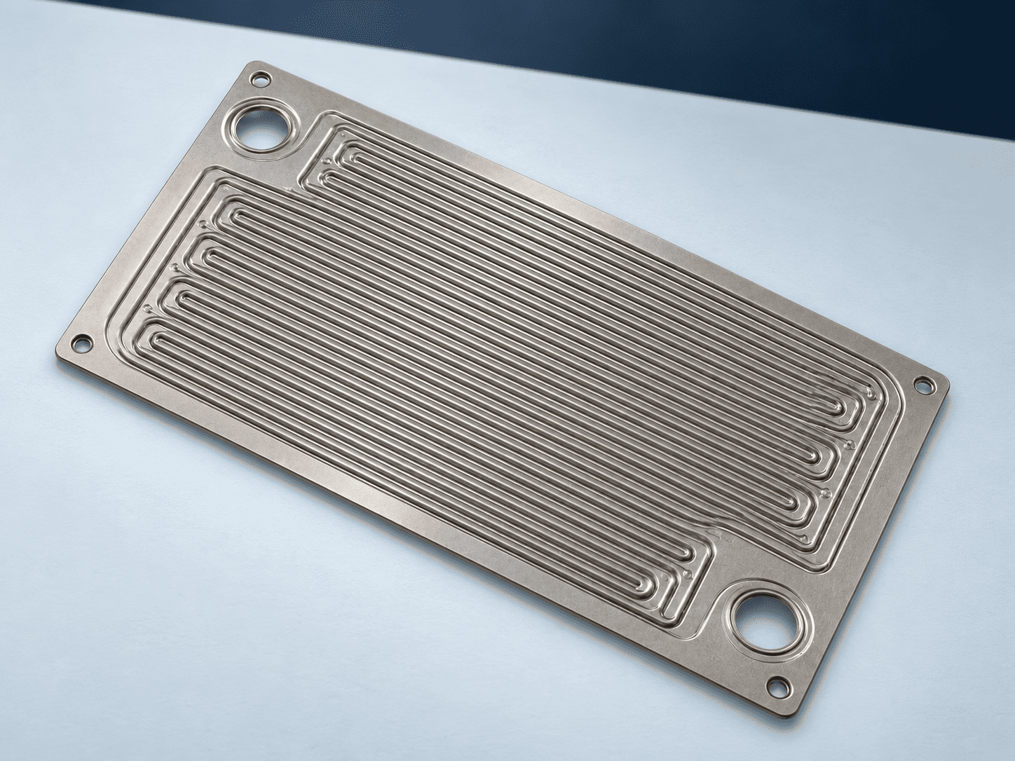 Satin nickel-grey AEM bipolar plate with fine flow channels and a flat metallic contact surface