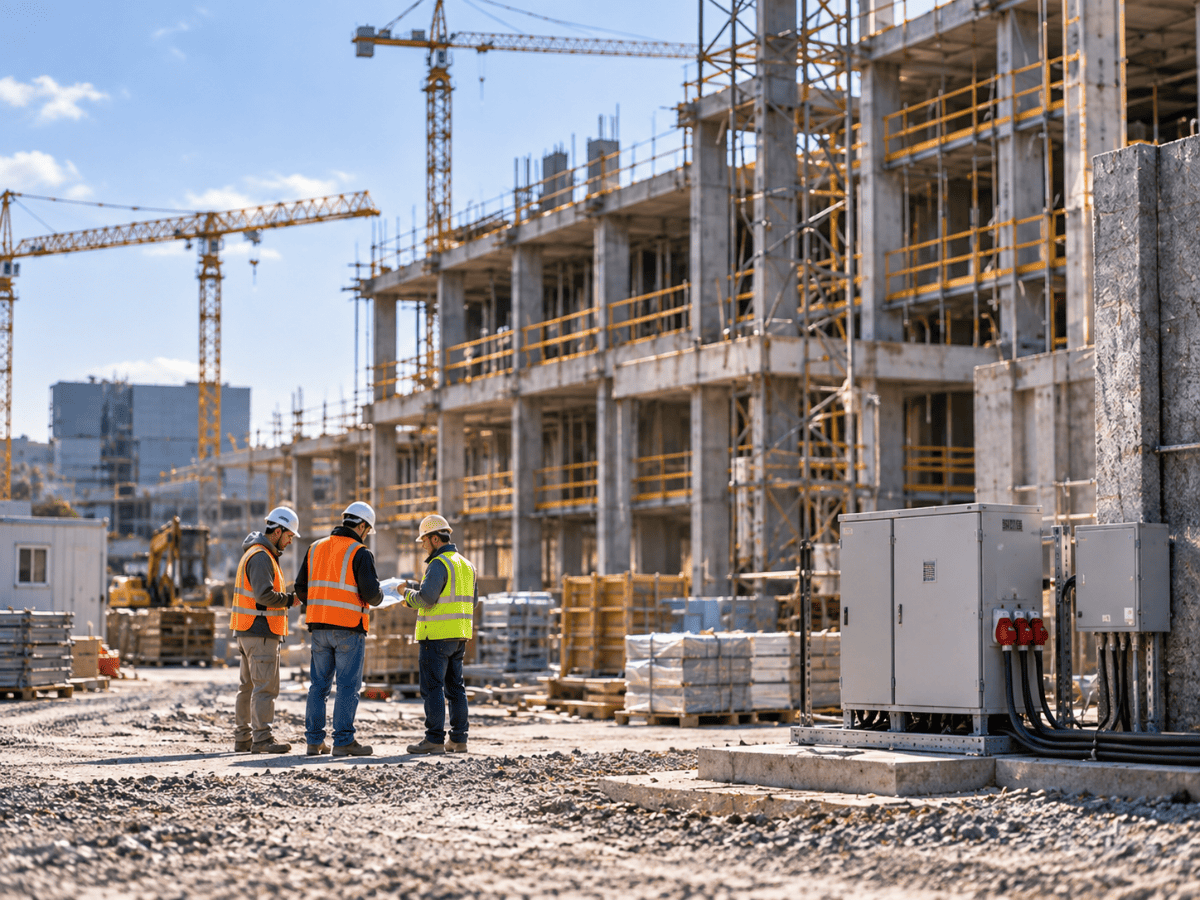 Representative construction site with engineers and temporary electrical distribution equipment