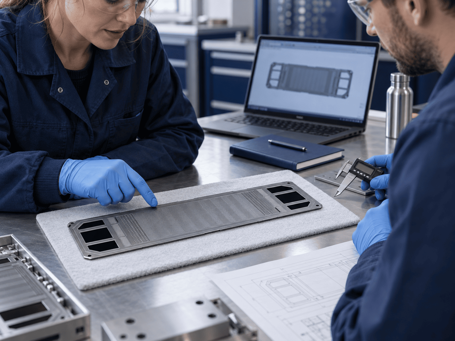 Representative application engineers reviewing a metallic bipolar plate and its integration drawing