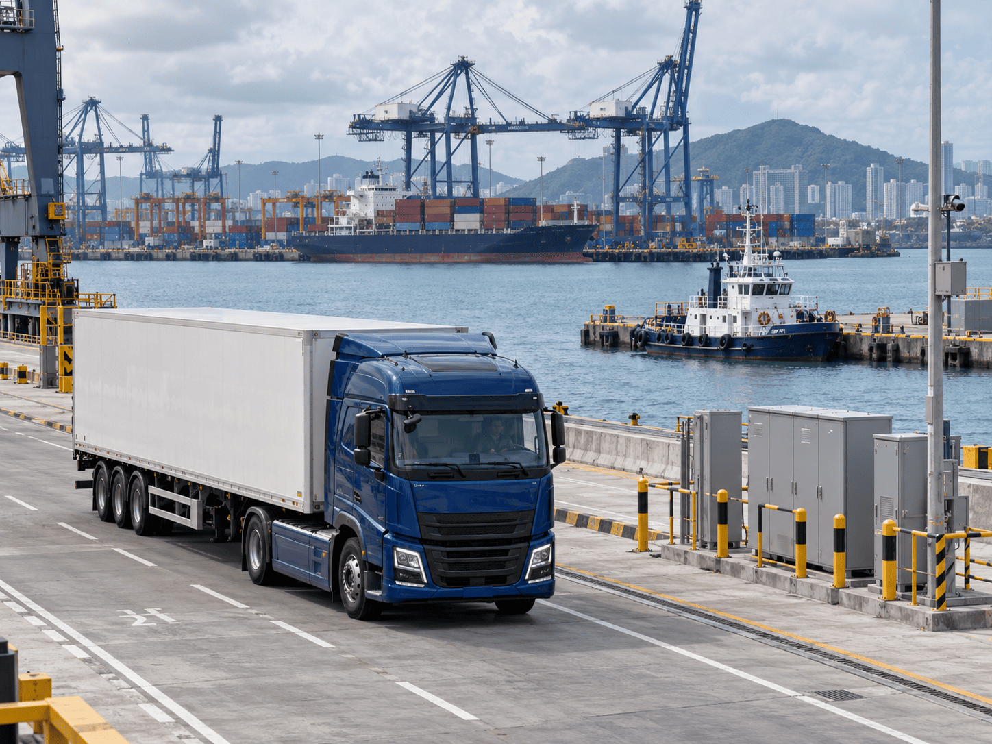 Illustrative port landscape connecting heavy-duty logistics, maritime operations and shore-side infrastructure