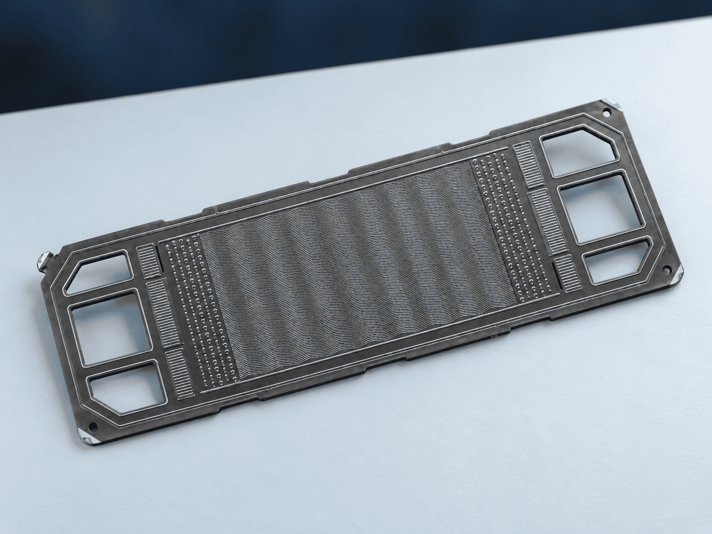 Dark coated metallic fuel-cell bipolar plate with fine channels and manifold openings