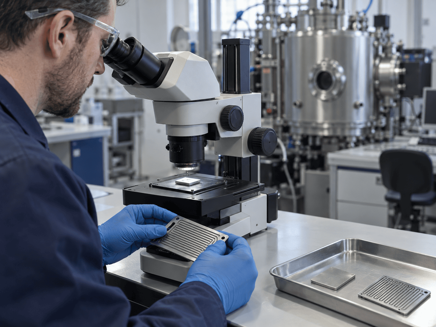 Engineer inspecting metallic samples beside an optical microscope in a surface engineering laboratory