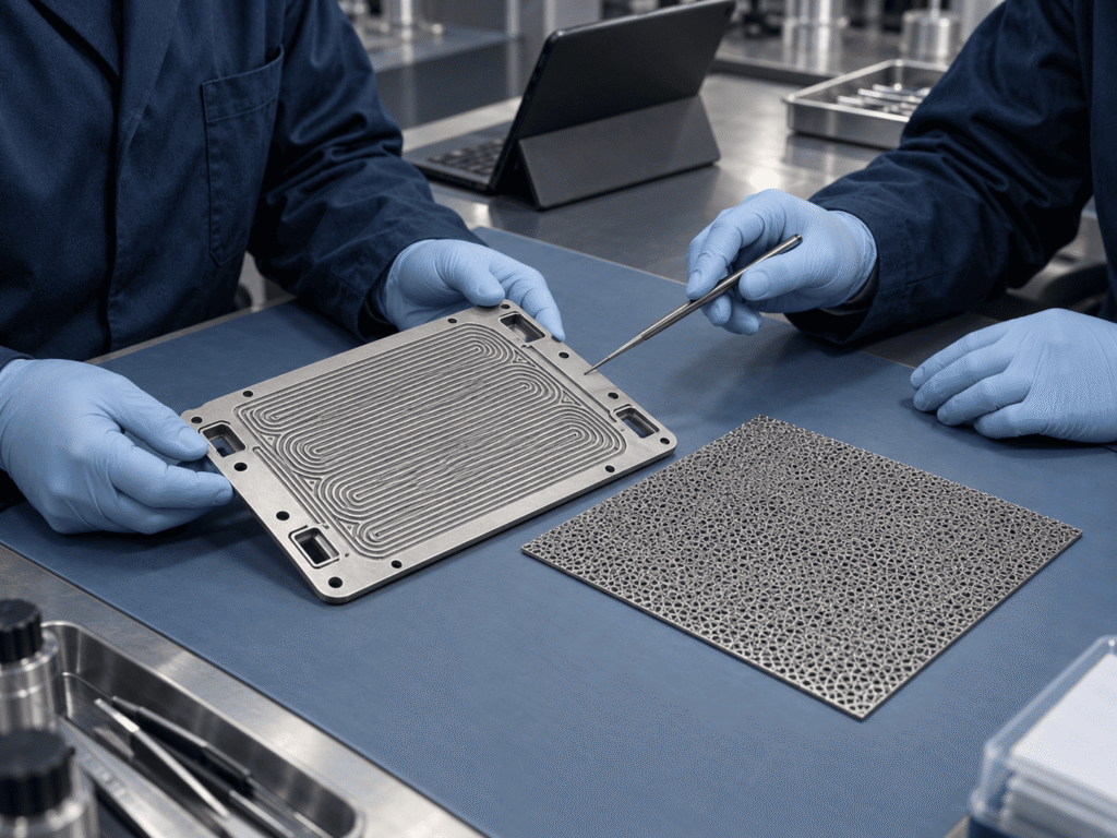 Engineers reviewing a metallic AEM bipolar plate and porous transport layer together