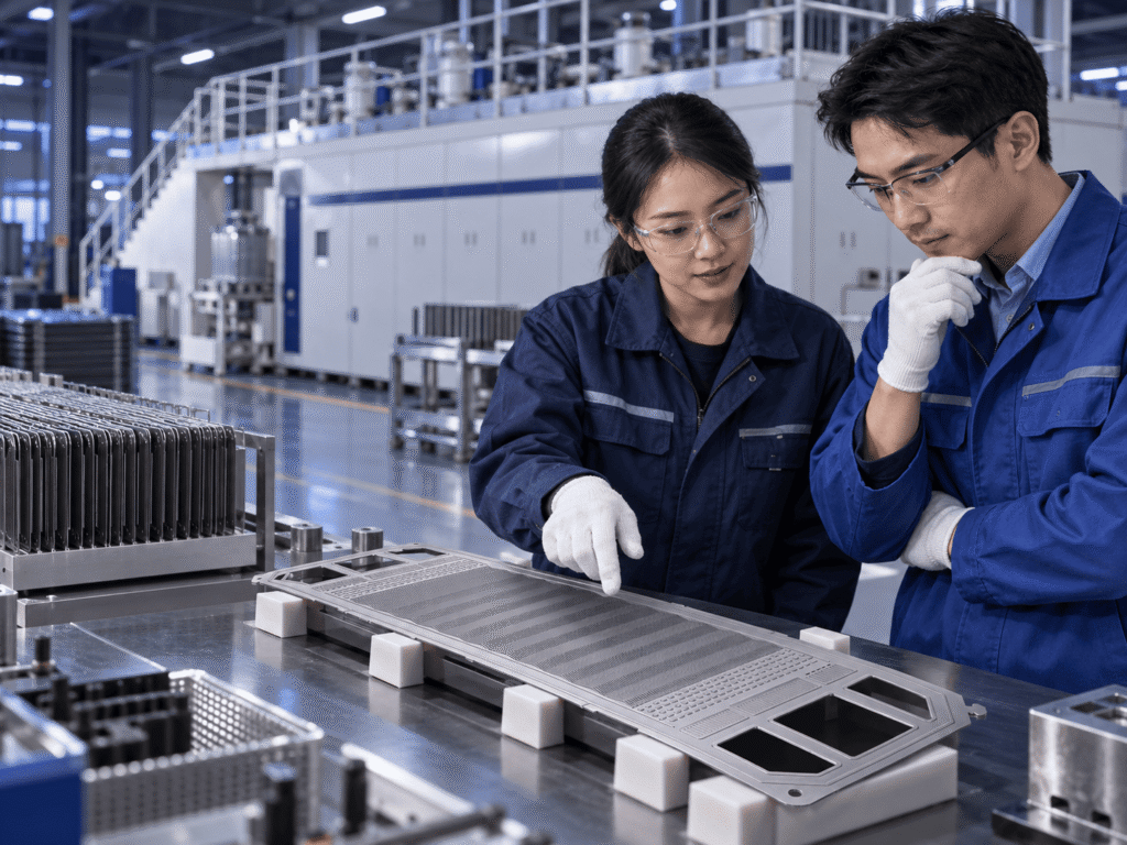 Engineers inspecting a formed metallic bipolar plate on a production line