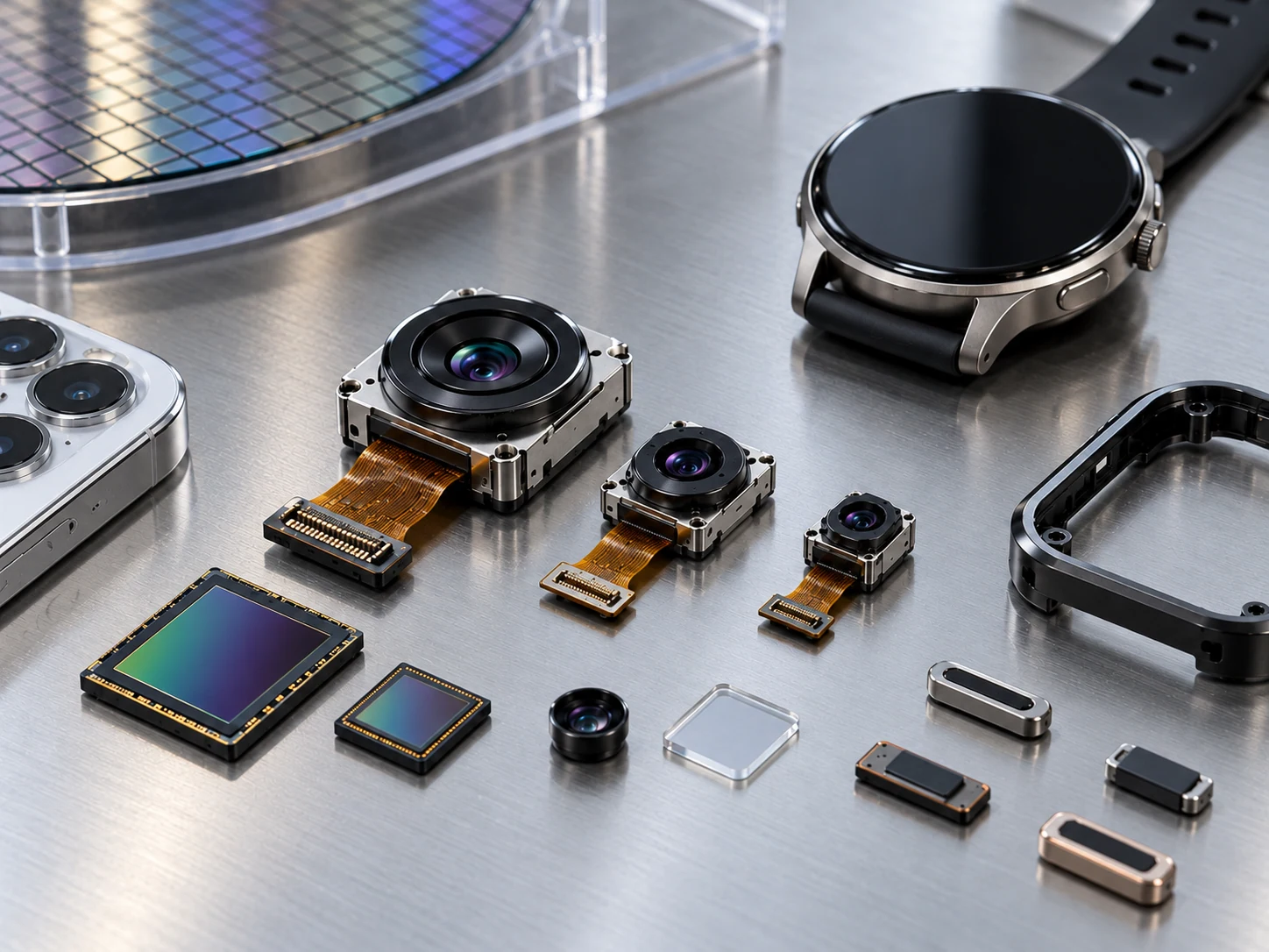 Miniature camera modules and sensor components beside a smartphone and smartwatch, illustrating compact electronics applications.