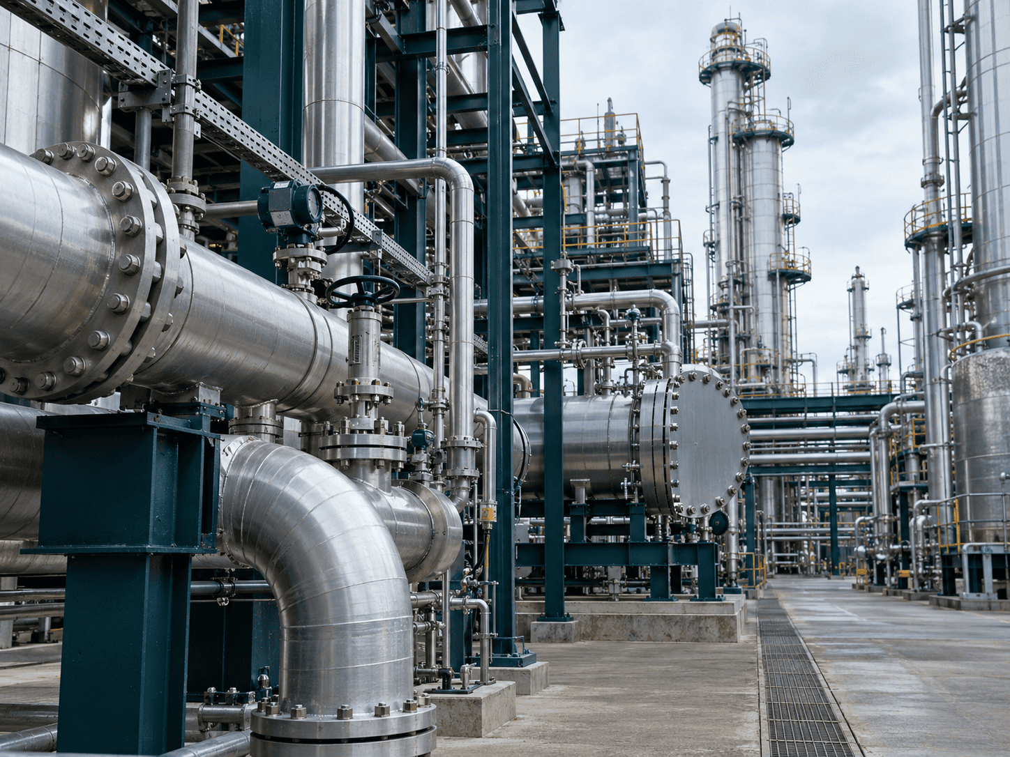 Stainless process pipework and vessels at a chemical production facility