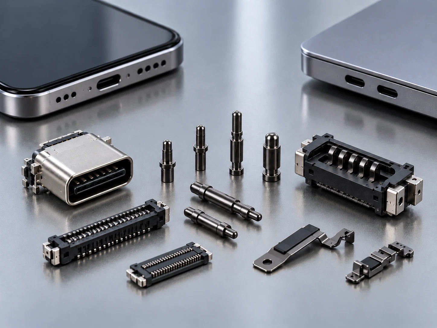 Dark coated charging pins and connector contacts beside a smartphone, laptop and USB-C connector.
