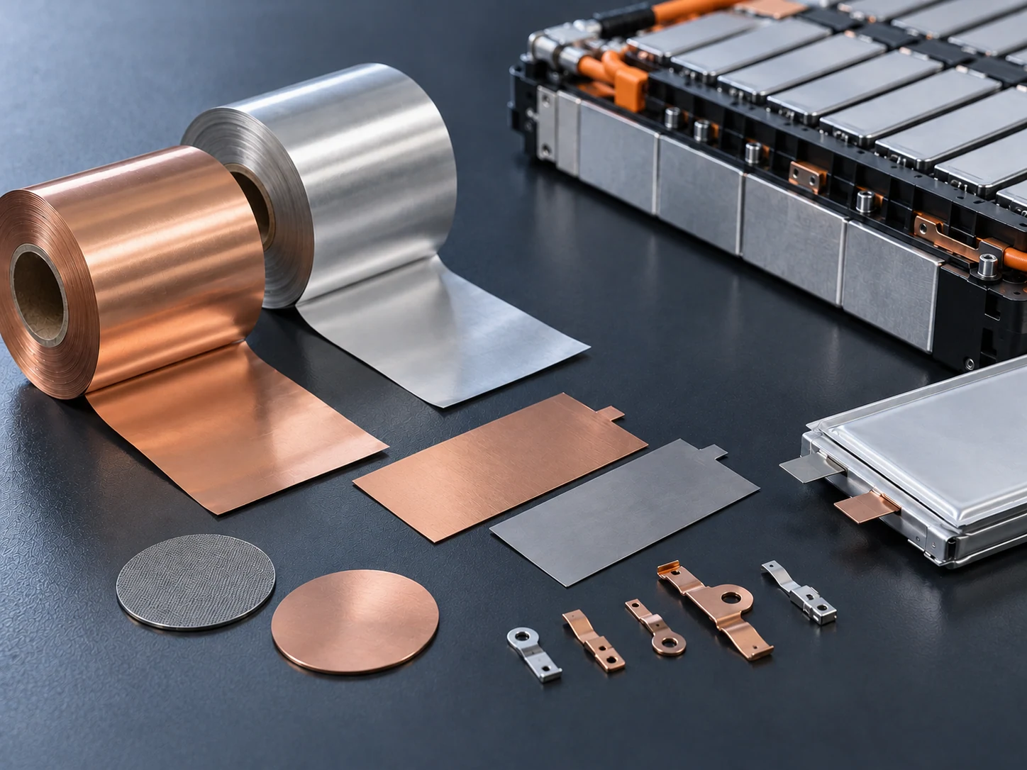 Copper and aluminum current-collector foils, coated electrode samples and battery cell components.