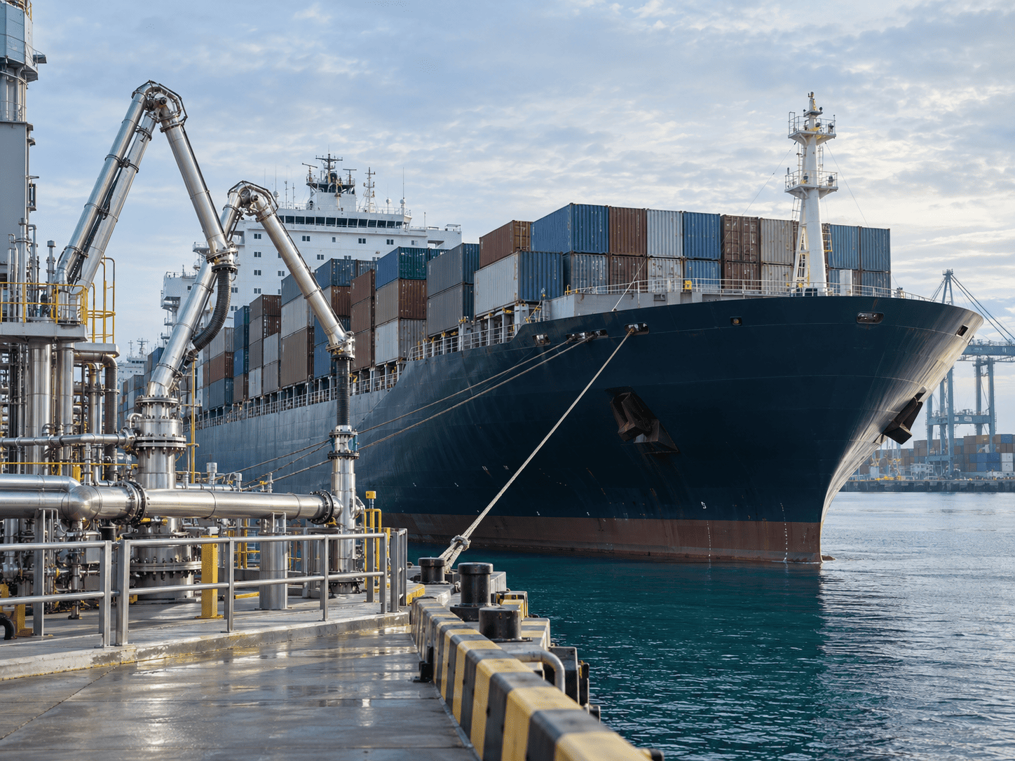 Cargo vessel alongside marine fuel terminal infrastructure