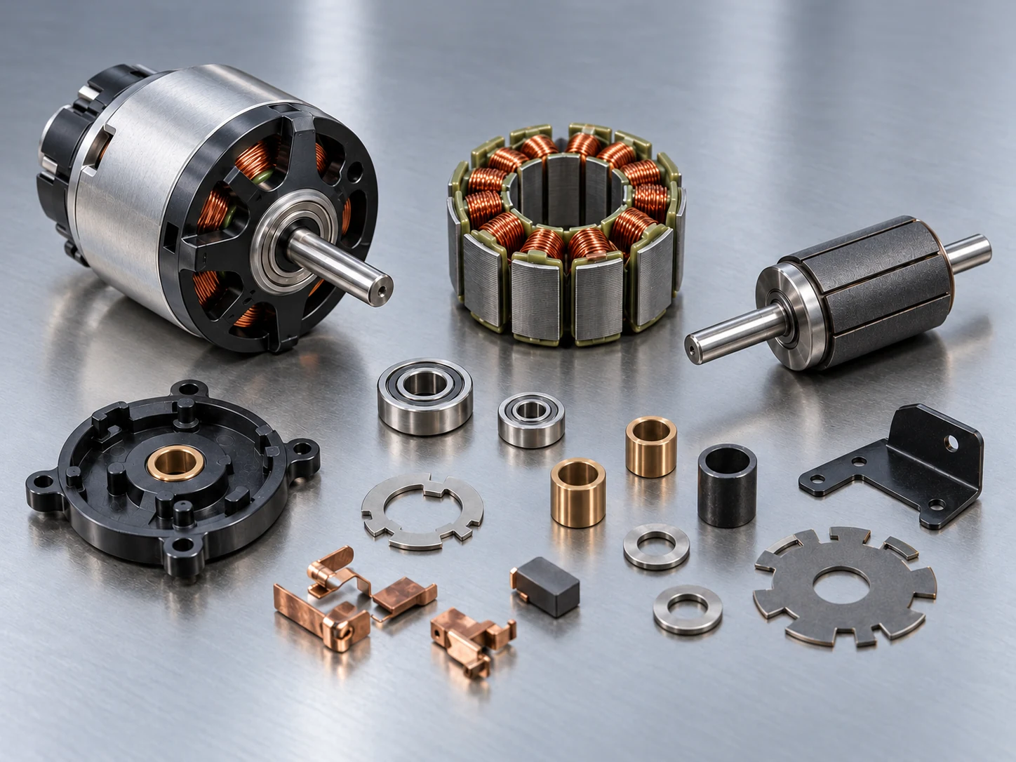 Compact motor, copper-wound stator, rotor and metal sleeves with selected dark coated surfaces.