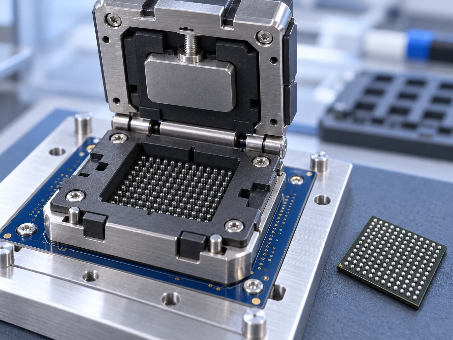 Open BGA test socket with short guided spring contacts, a compression lid and a ball-grid chip package beside it.