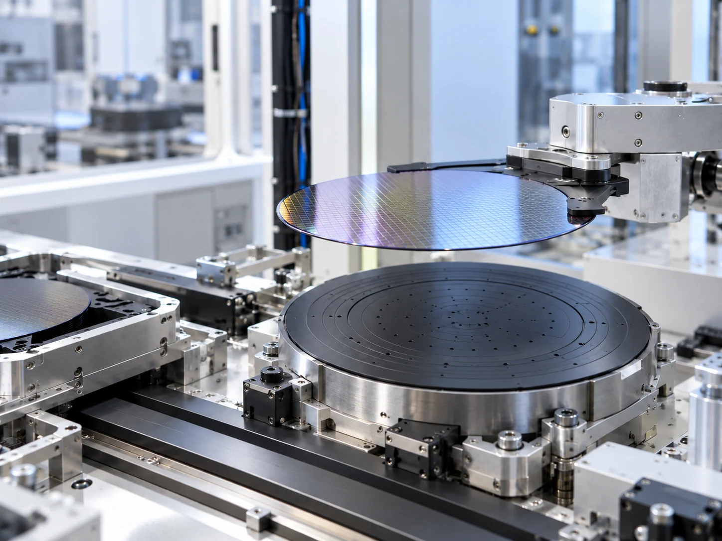Robotic wafer handler holding a silicon wafer above a dark coated chuck in semiconductor processing equipment.