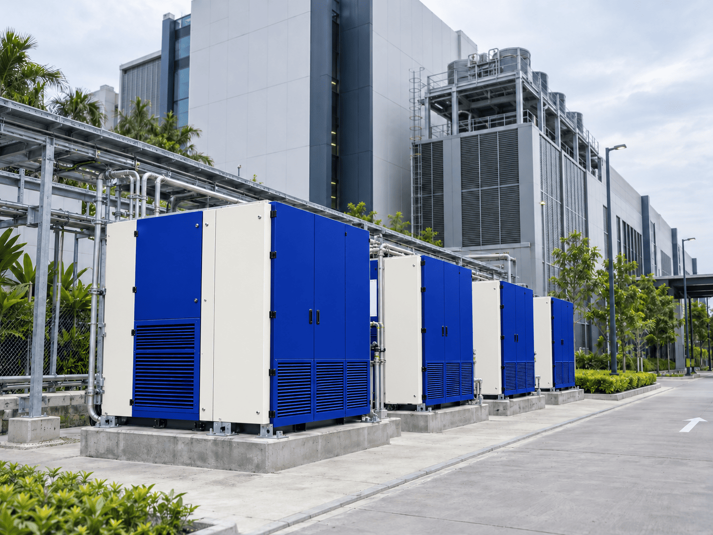 Modular on-site power equipment beside a data centre