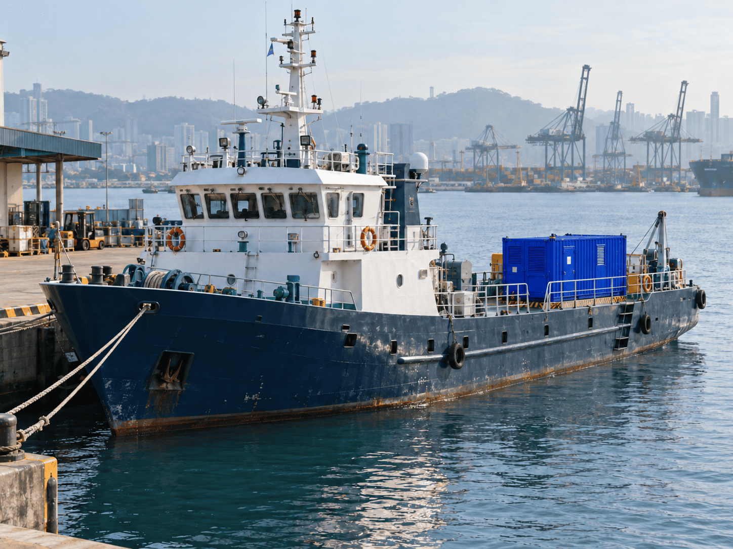 Commercial coastal vessel with deck-mounted auxiliary power equipment