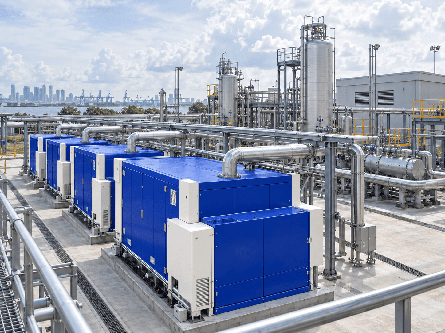 Industrial hydrogen plant with enclosed electrolysis modules and process pipework