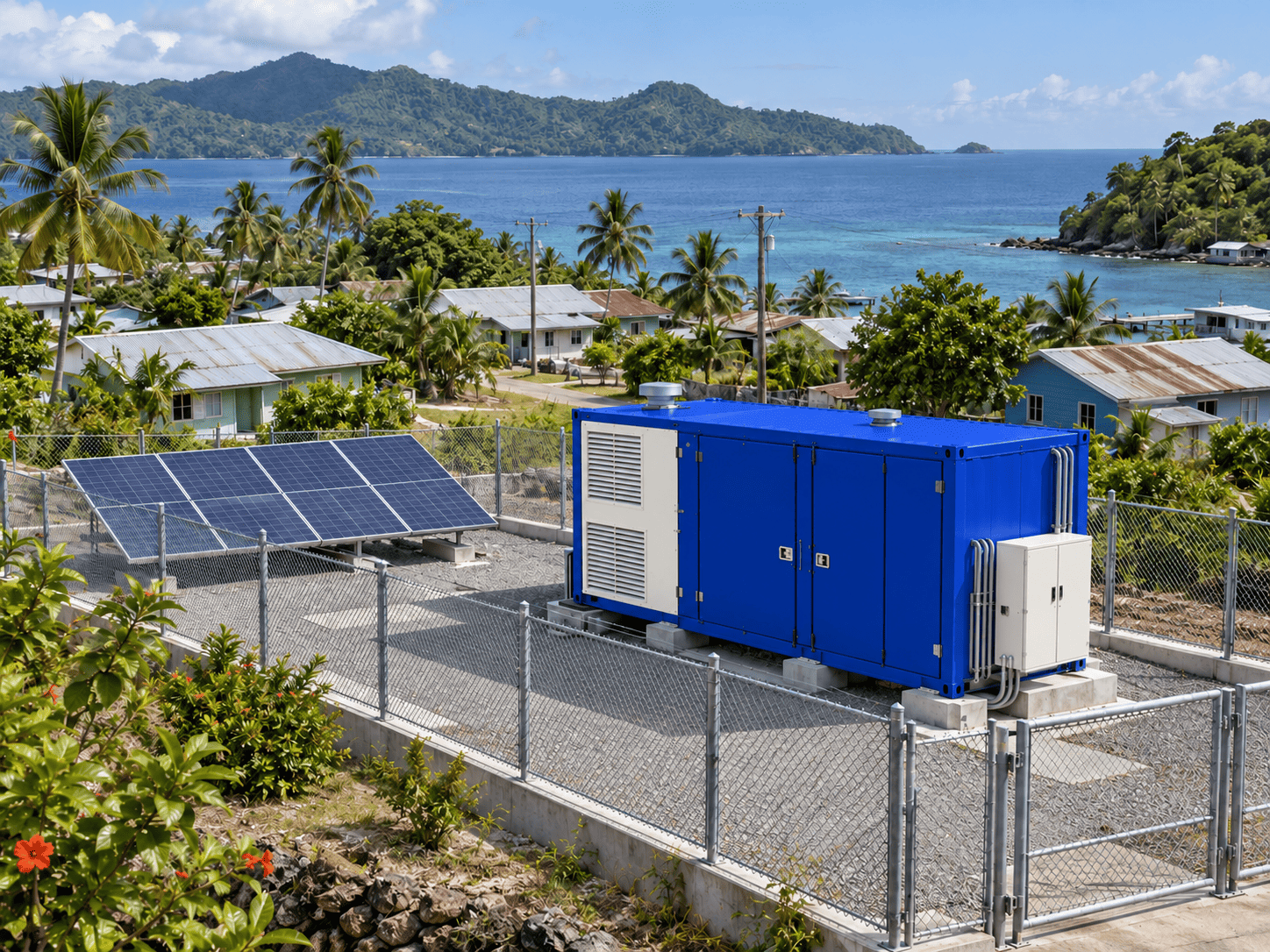 Coastal microgrid combining enclosed power equipment and solar generation
