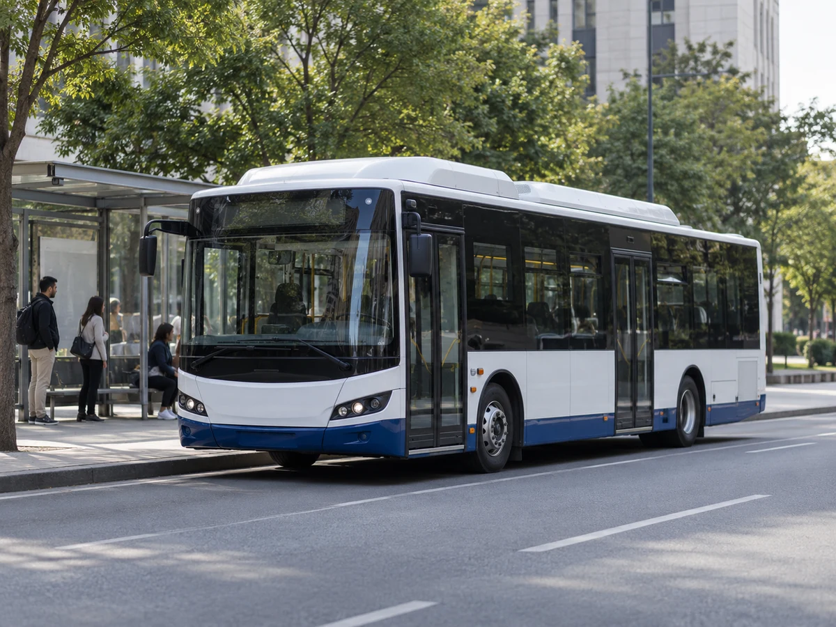 Low-floor city bus beside an urban bus stop.