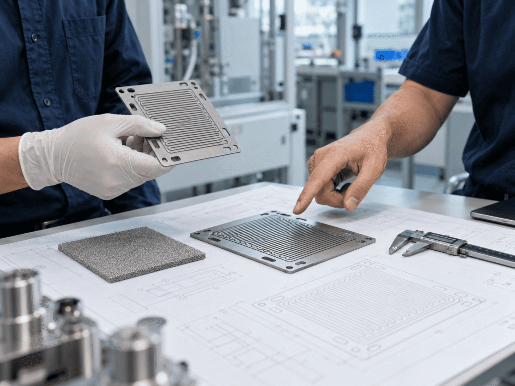 Engineers reviewing bipolar plate and porous transport samples with drawings