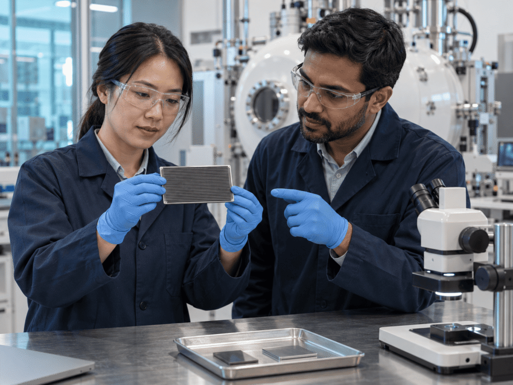 Engineers reviewing a coated interconnect component in a laboratory
