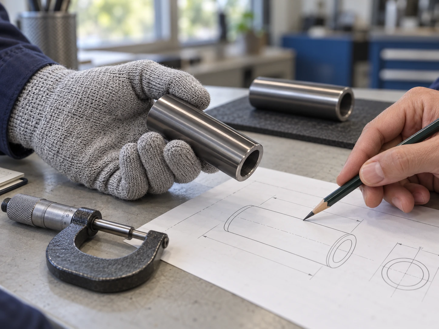 Gloved hand holding a hollow piston pin beside a micrometer while another hand marks a component drawing.