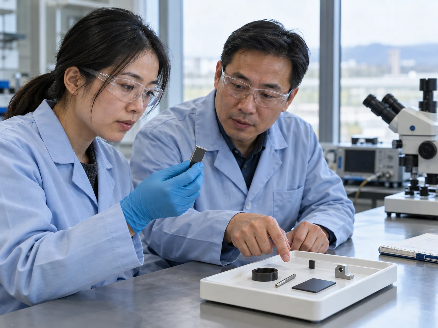 Two engineers examining a coated metal sample beside a tray of precision components in a laboratory.