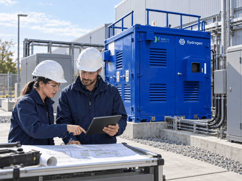 Illustrative Sydrogen project-scoping discussion beside a SydroPOWER Grid unit