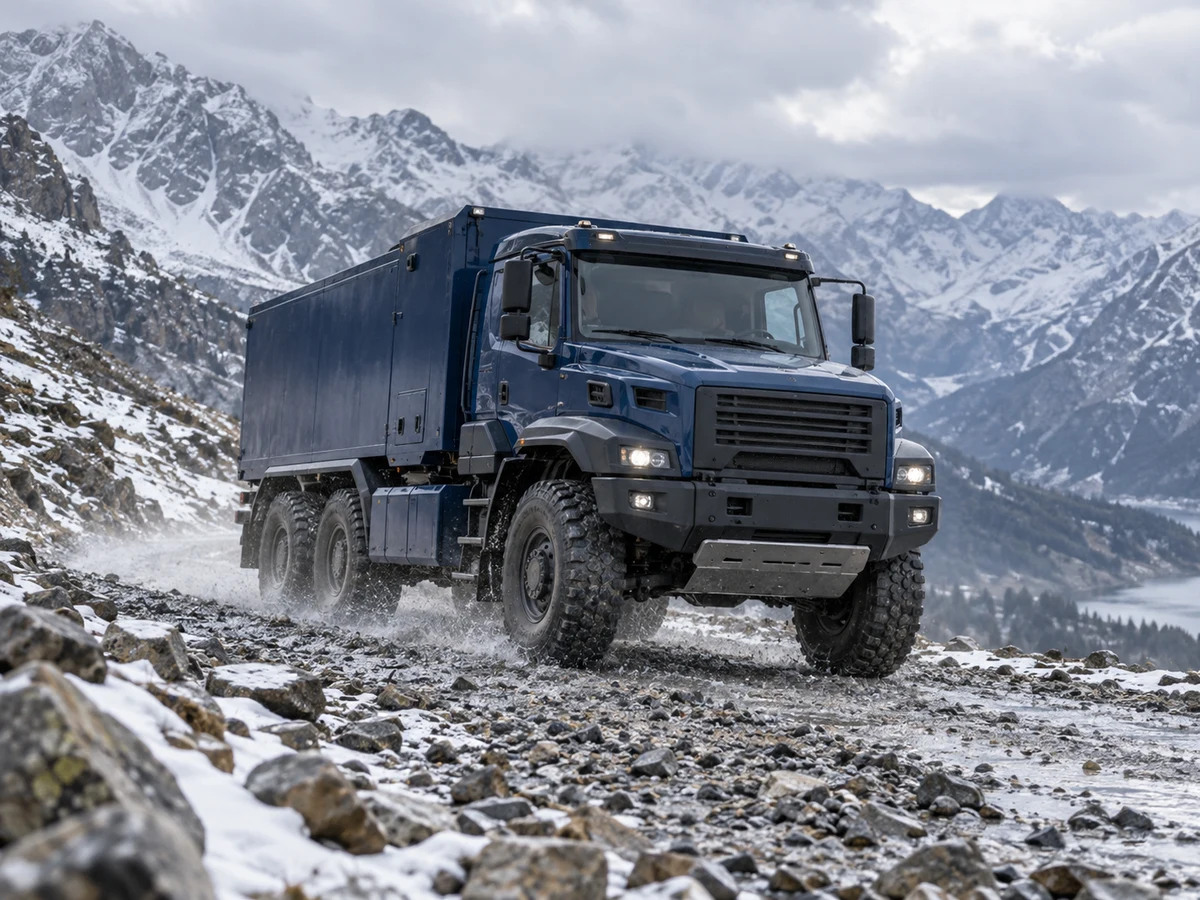 A rugged heavy utility truck driving through a cold mountainous testing landscape with all panels closed.