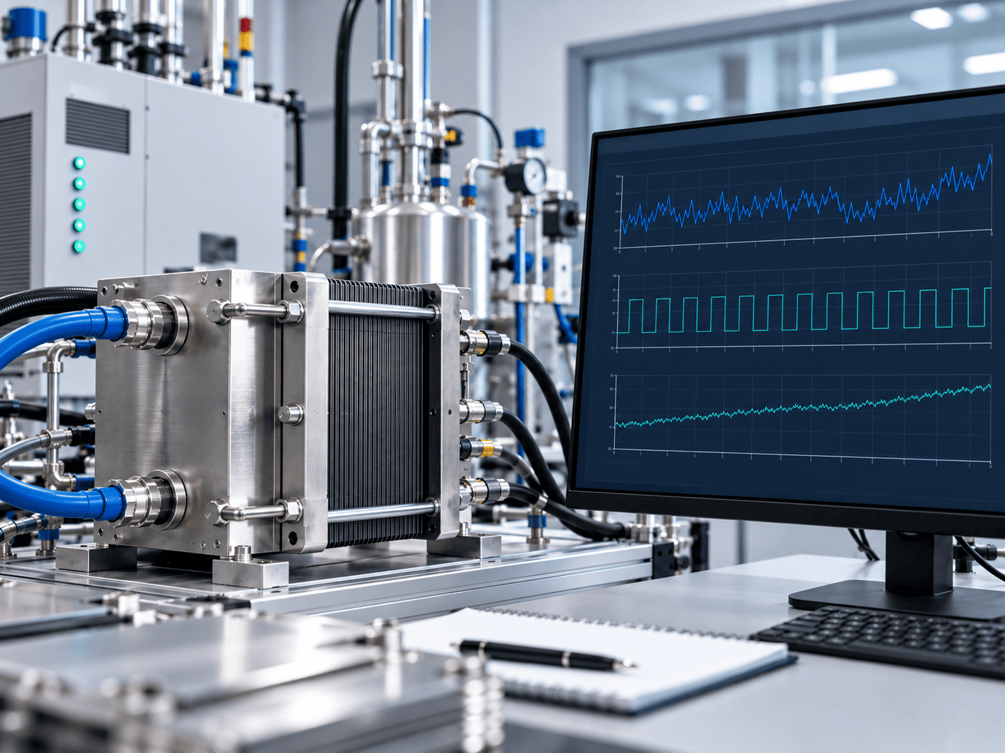 Representative fuel-cell stack undergoing repeated duty-cycle evaluation on an instrumented test bench.