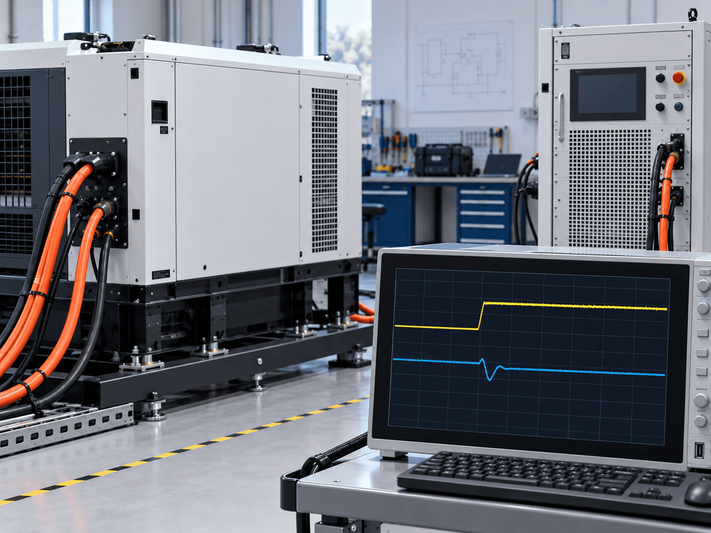 Representative fuel-cell test unit connected to an electronic load with an unlabelled transient trace.