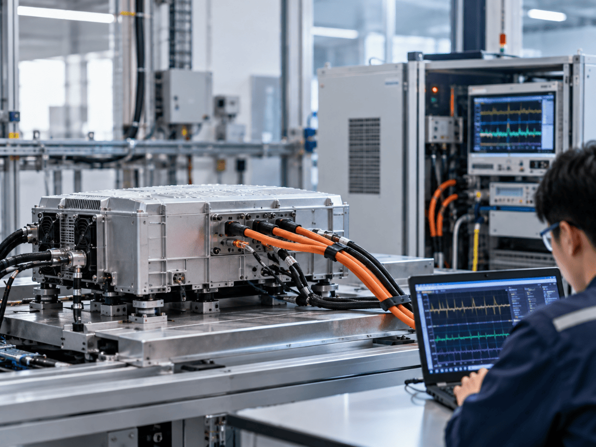 Representative electrical-interface evaluation with shielded instrument connections and test equipment.
