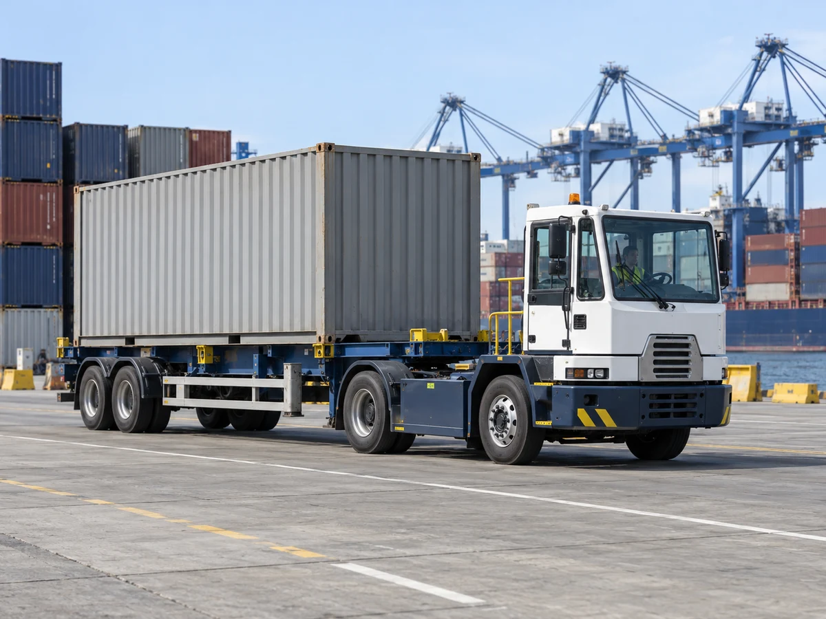 Port terminal tractor transporting a shipping container through a container yard.