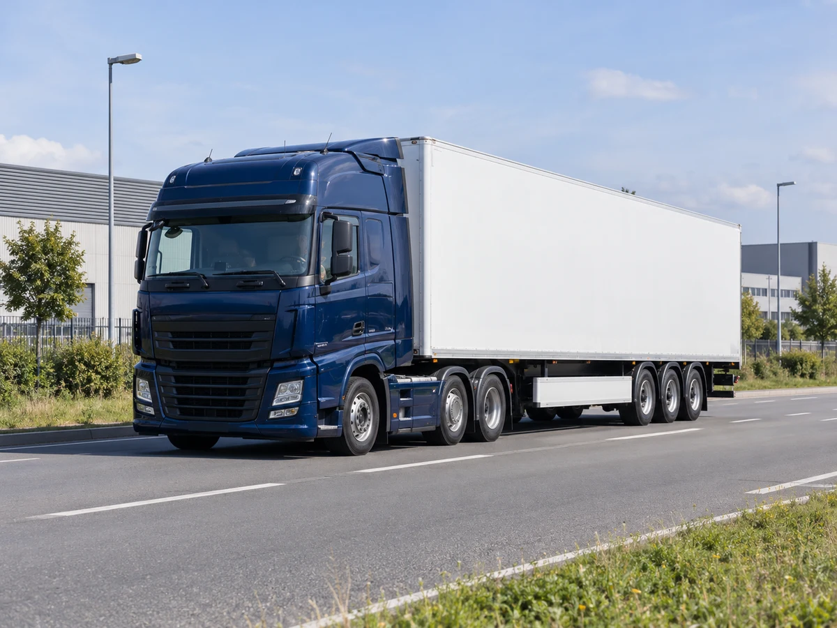 Navy freight tractor and box semitrailer on a regional transport route.