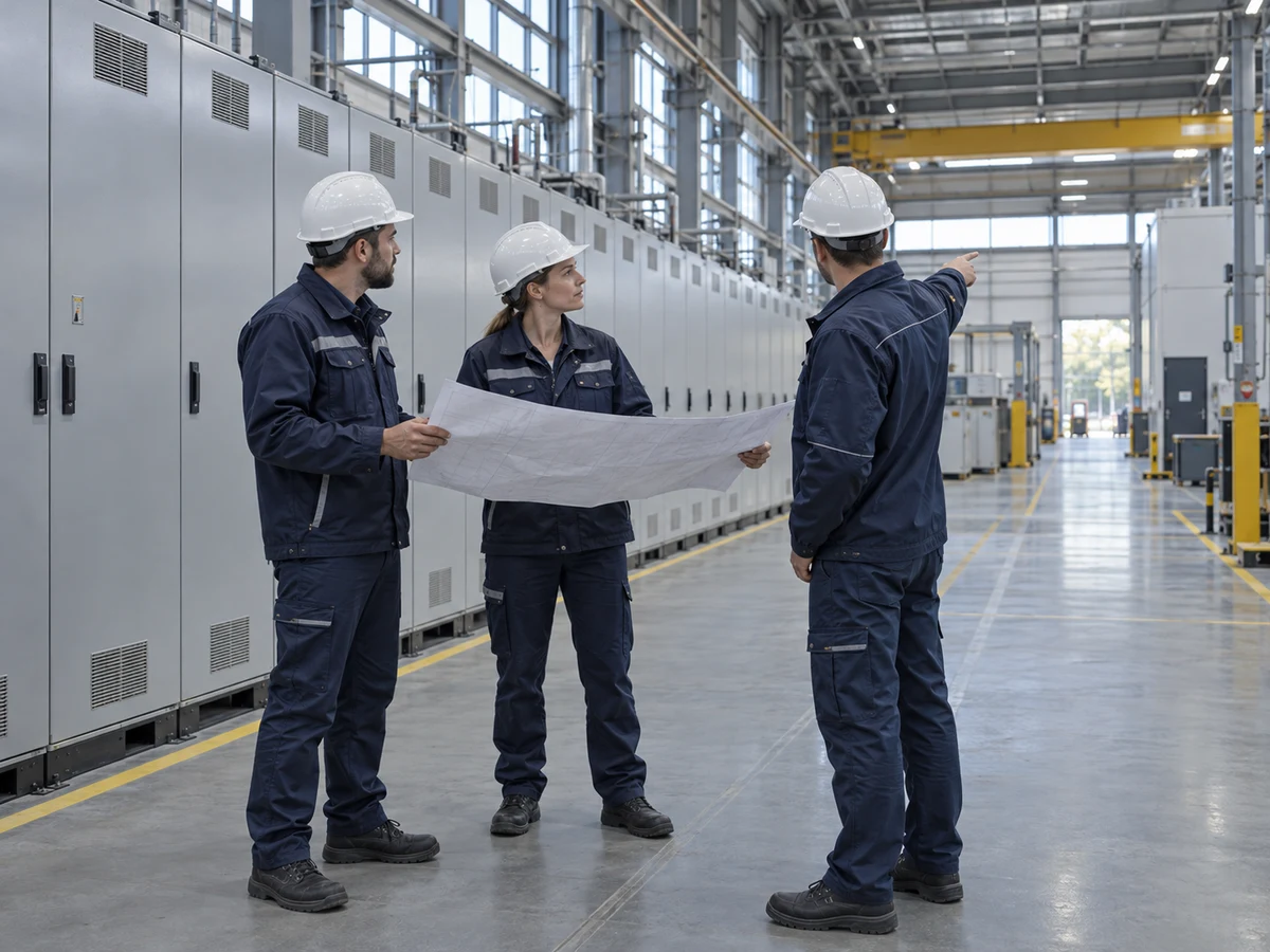 Industrial engineers reviewing a site plan beside a bank of closed control cabinets in a factory.