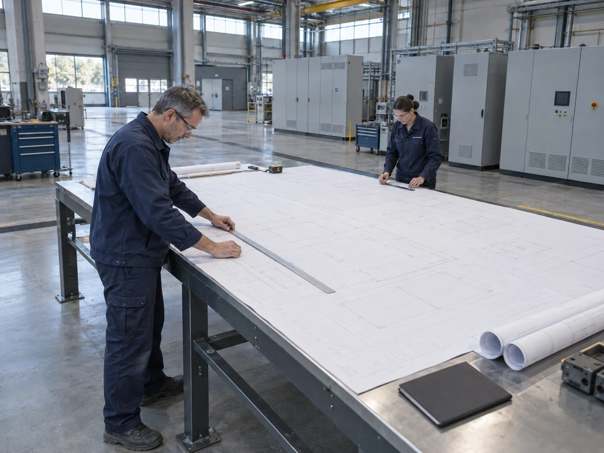 An engineer checking a large industrial system layout at a full-size drafting table in a power lab.