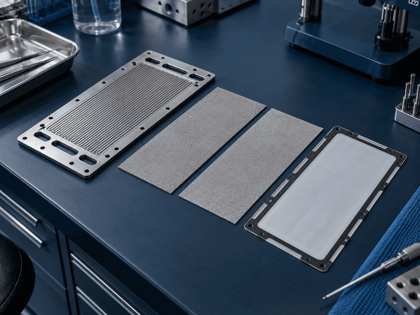 Bipolar plate, porous transport sheets and membrane component samples