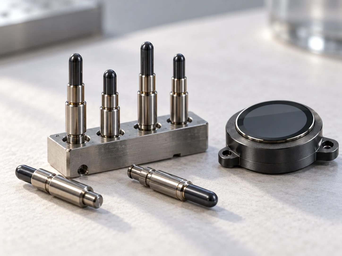 Spring contact pins with black to dark gray working tips, silver mounting collars and a compact sensor component.