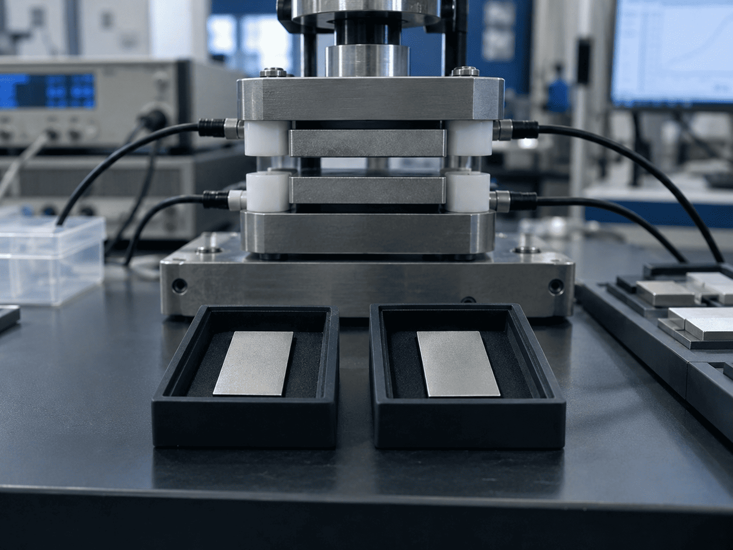 Metal sample comparison beside a resistance measurement fixture