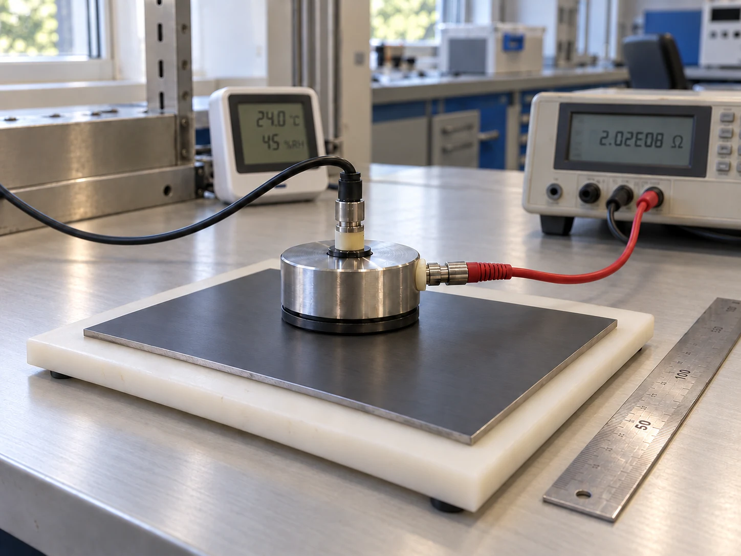 Concentric-ring surface resistance fixture on a coated coupon, with separate test leads and a temperature and humidity monitor.