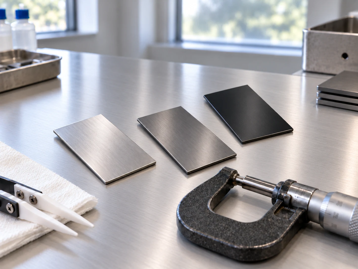 Silver, gray and black coated metal samples beside an outside micrometer for comparing surface finishes.