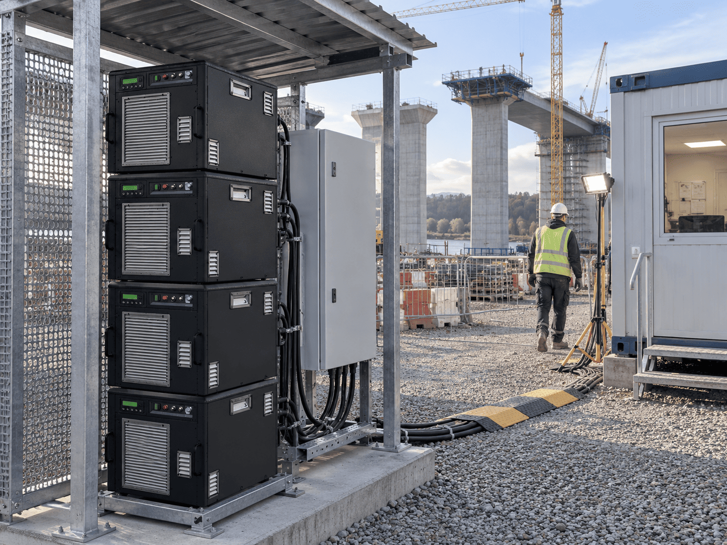 Illustrative KZ3000 Stacked installation for temporary site systems, based on supplied SydroPOWER product artwork