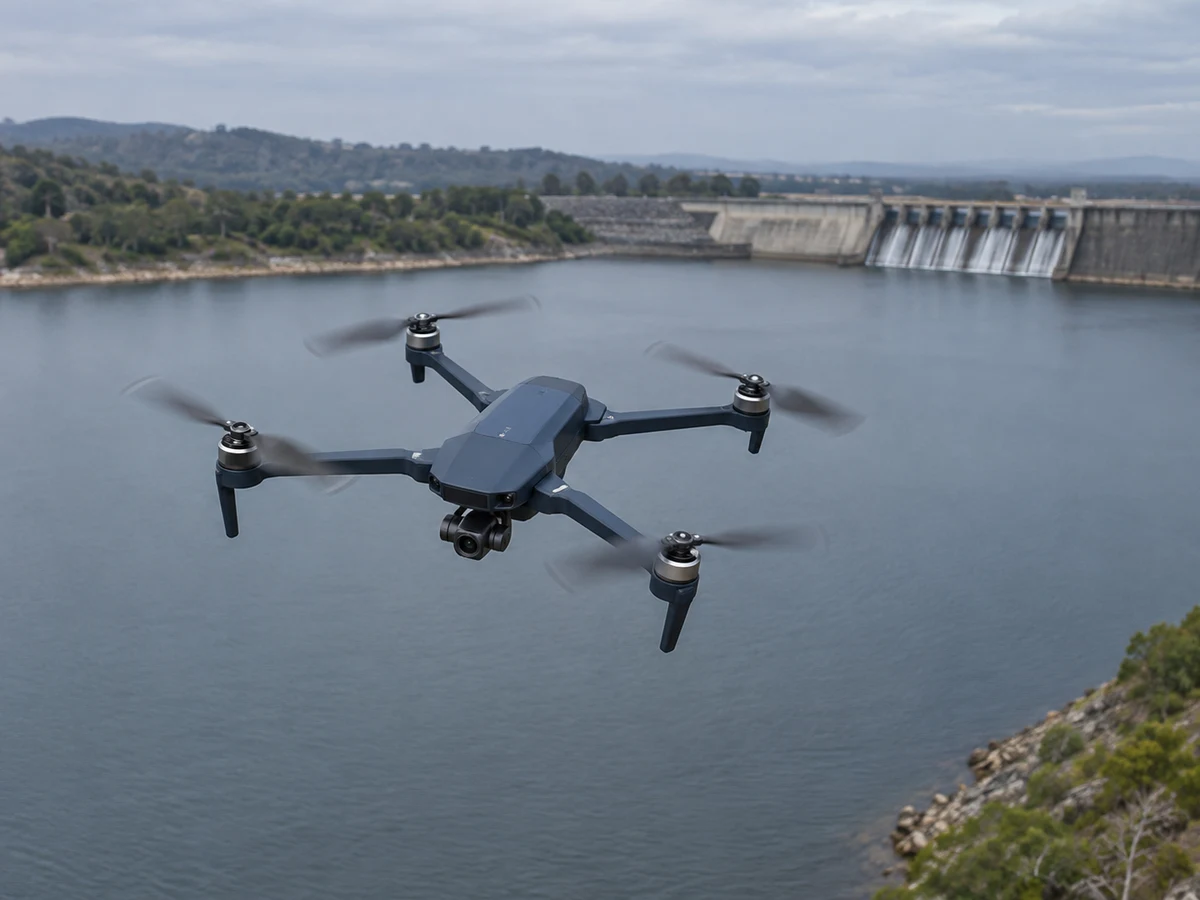 Compact professional survey drone flying above a civil reservoir.