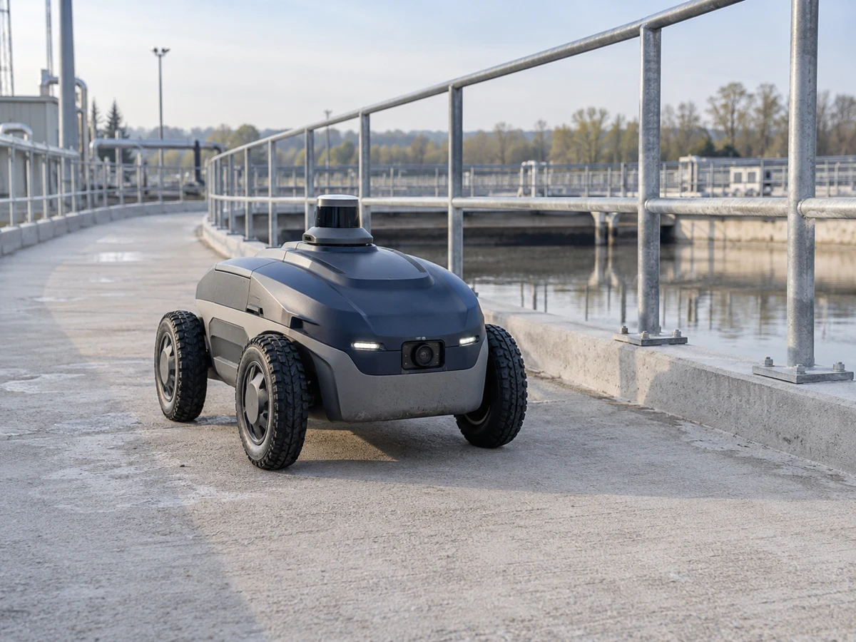 Small fully enclosed wheeled inspection rover on a waterworks walkway.