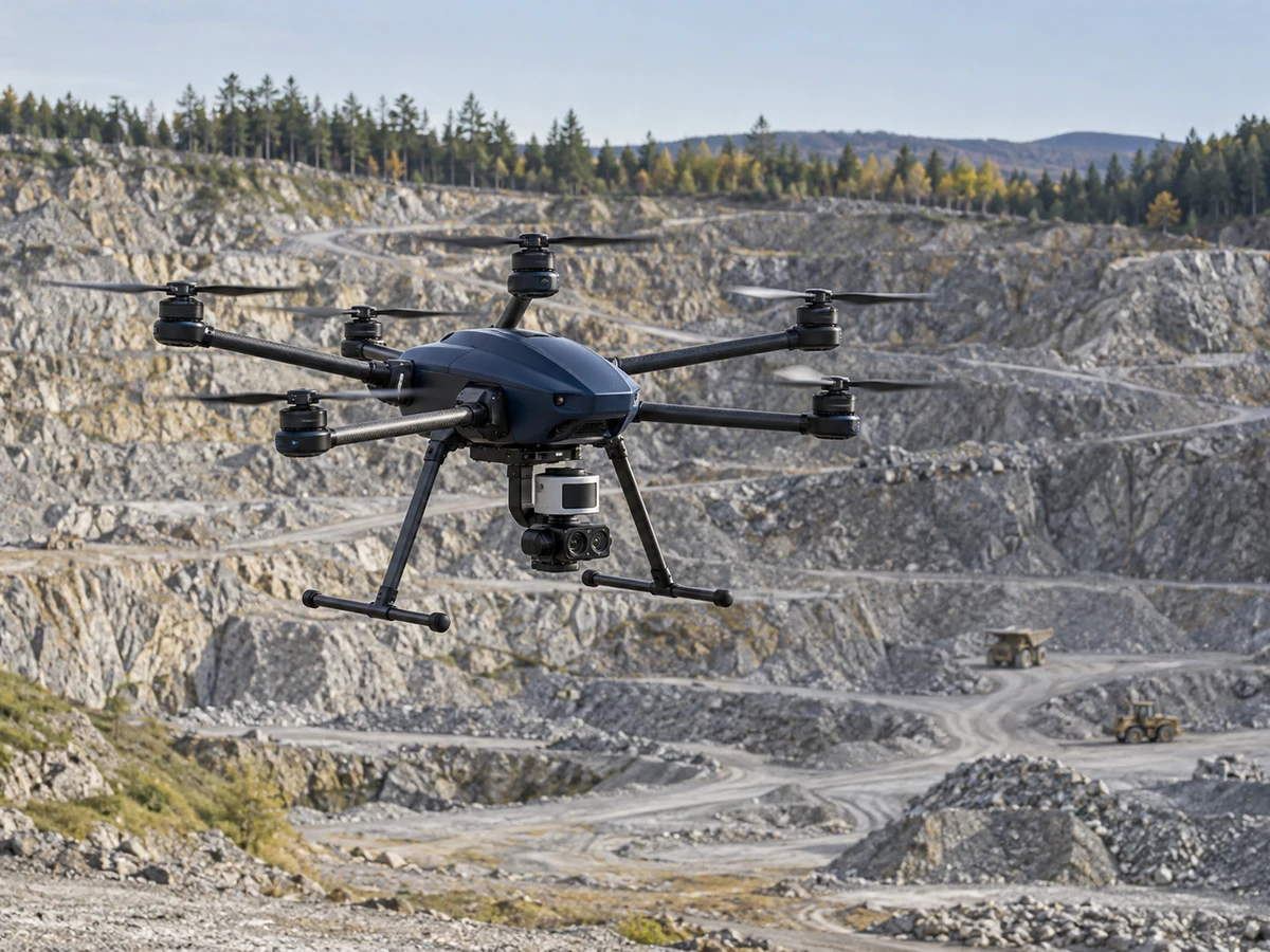 Larger professional multirotor with a survey payload flying above a quarry.