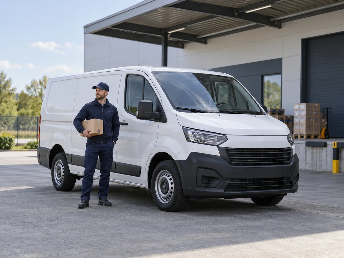 White delivery van and its driver outside a logistics business.