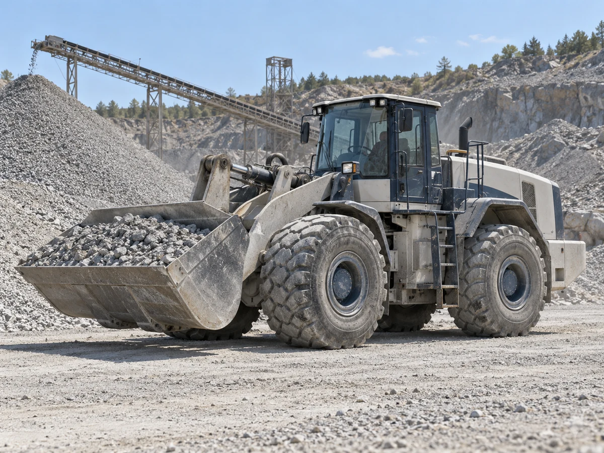 Large wheel loader handling aggregate beside stockpiles in an industrial quarry.