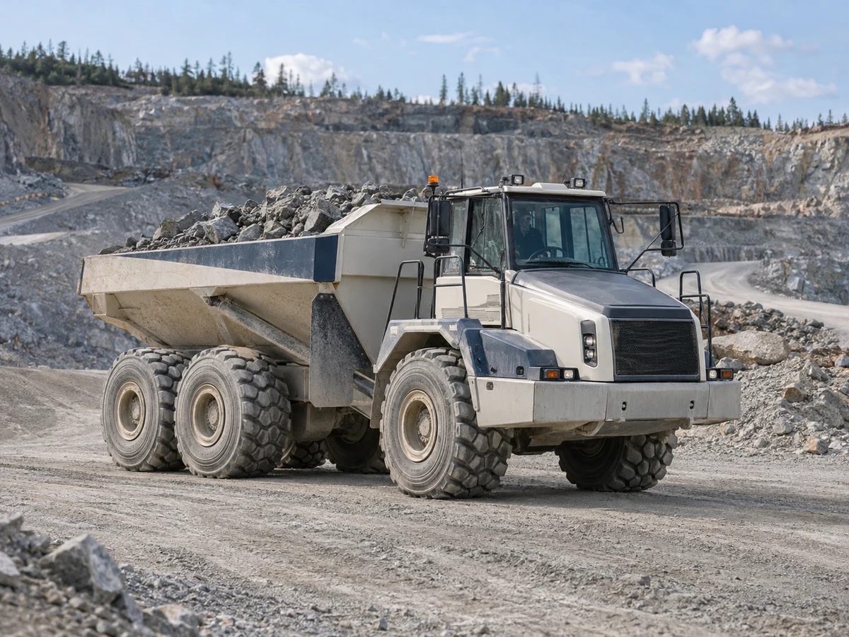Articulated mine haul truck carrying crushed rock in a working quarry.
