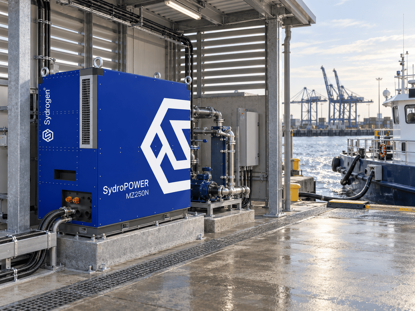 Illustrative MZ250N installation for ports, based on supplied SydroPOWER product artwork