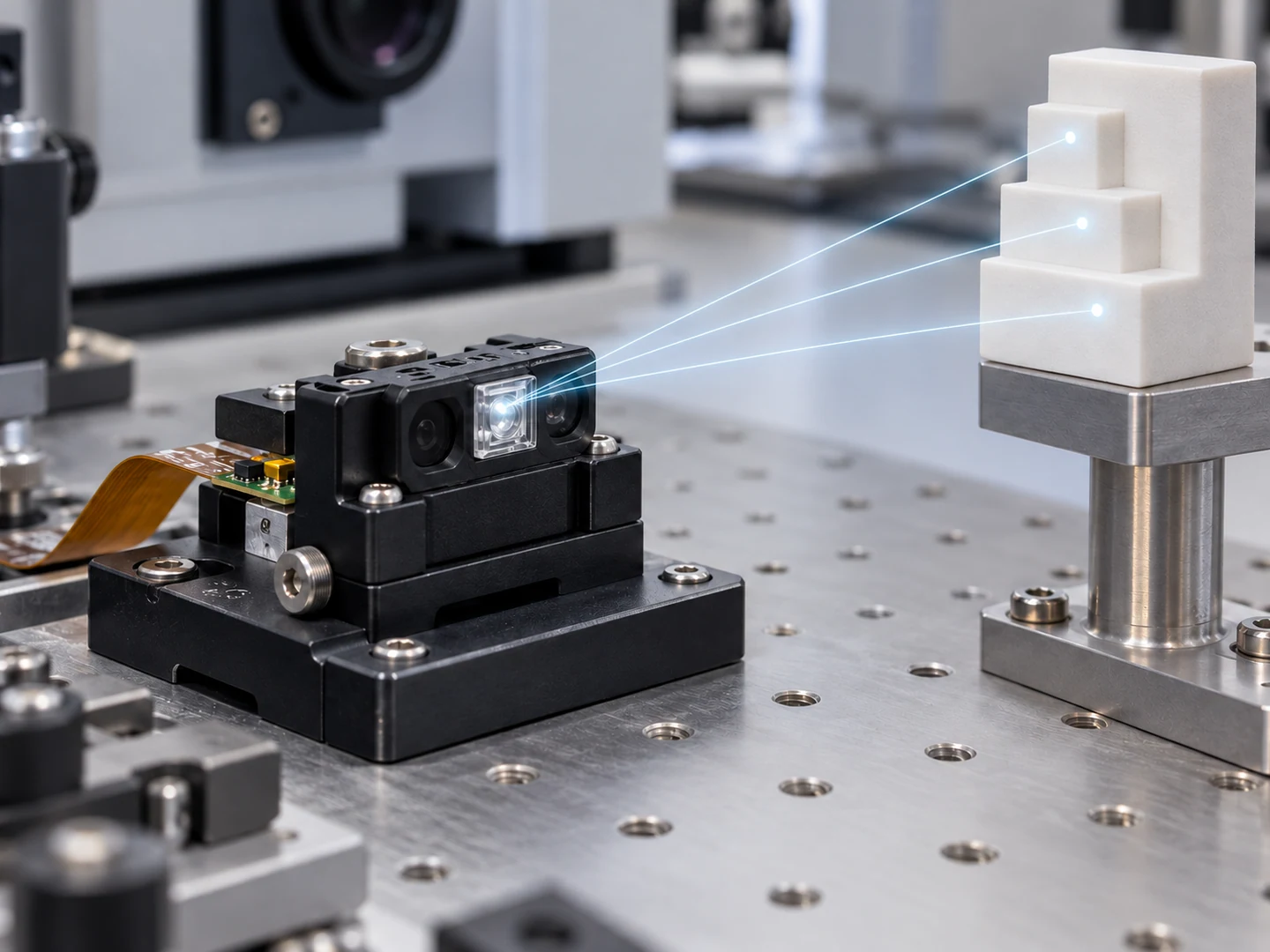 A compact sensing head faces a stepped white target, with an illustrative overlay showing three light paths from its emitter.