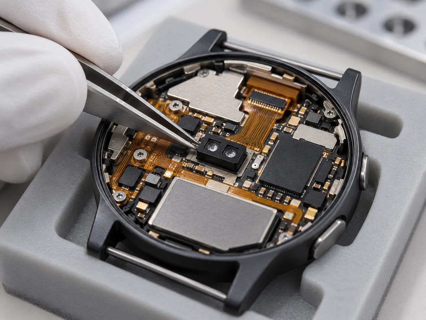 A white-gloved hand uses tweezers beside a small two-window optical package seated among the circuits of an open smartwatch.