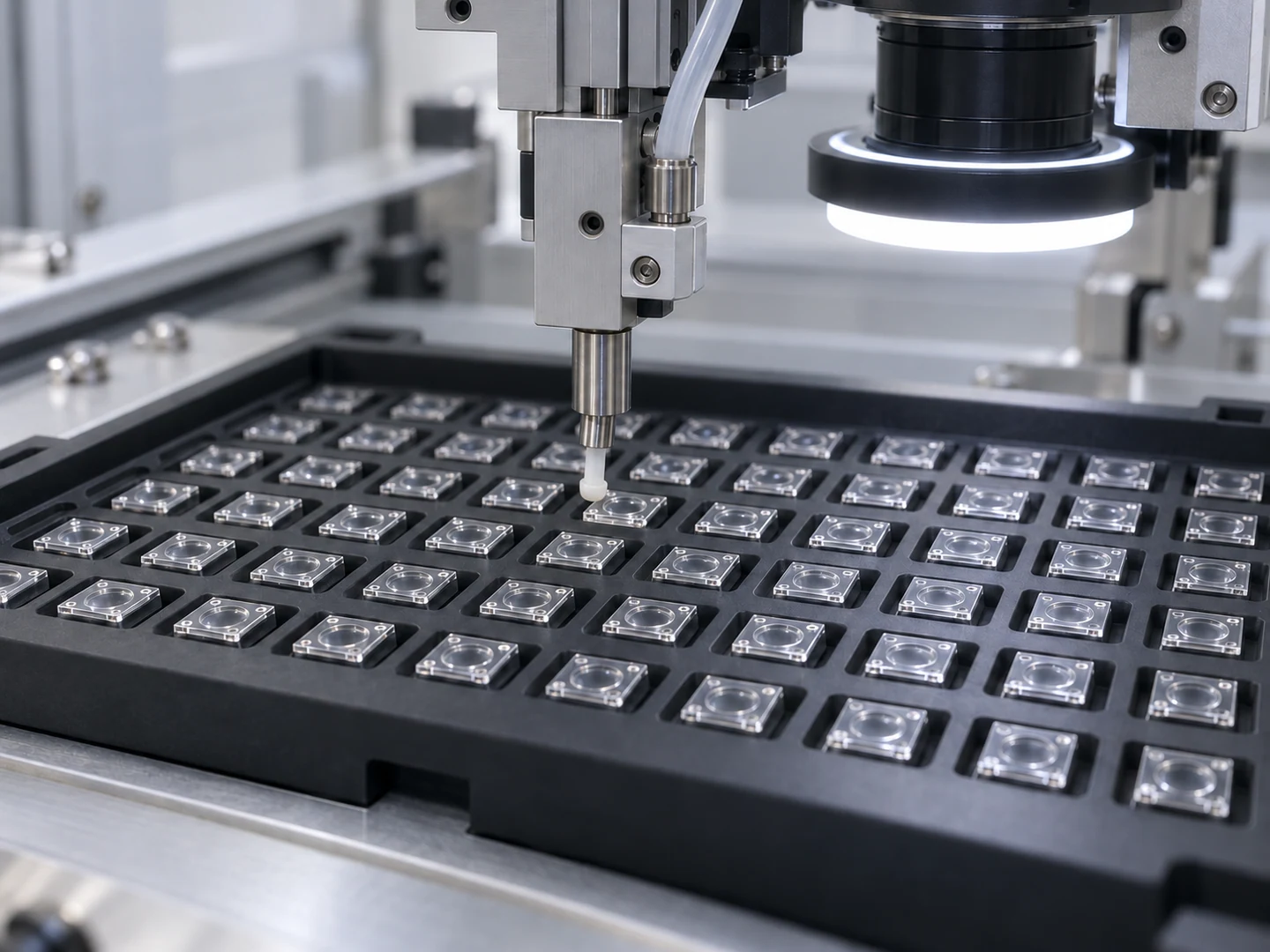 Rows of clear polymer optics sit in a dark tray beneath a vacuum pickup tip and a camera with circular inspection lighting.